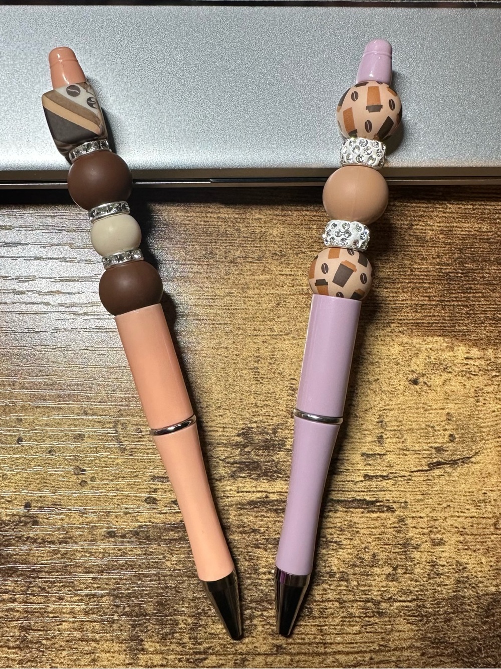 Handmade Beaded Ballpoint Pens | Soft Peach & Lavender | Coffee and Mocha Tones